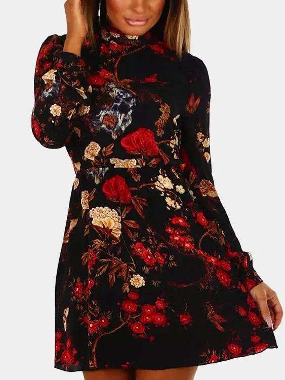 Wholesale Black Round Neck Long Sleeve Floral Print Mini Dresses