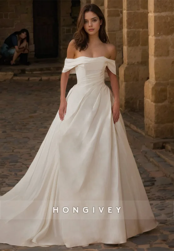 Sexy Satin A-Line Off-Shoulder Empire Ruched With Train Wedding Dress