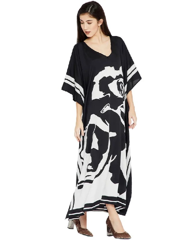 Black And White Fancy Soft Silk Crepe Kaftan